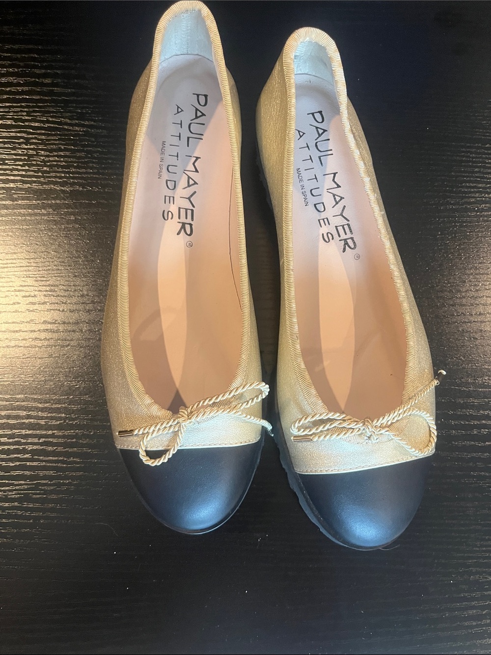 Paul Mayer Gold and Black Cap-Toe Ballet Flats